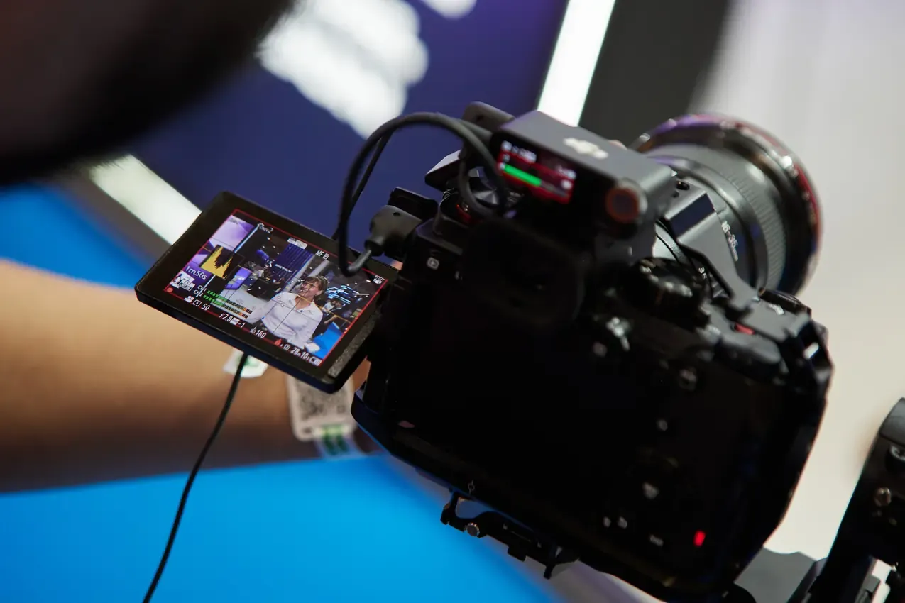 Camera monitor during filming at the Betby stand